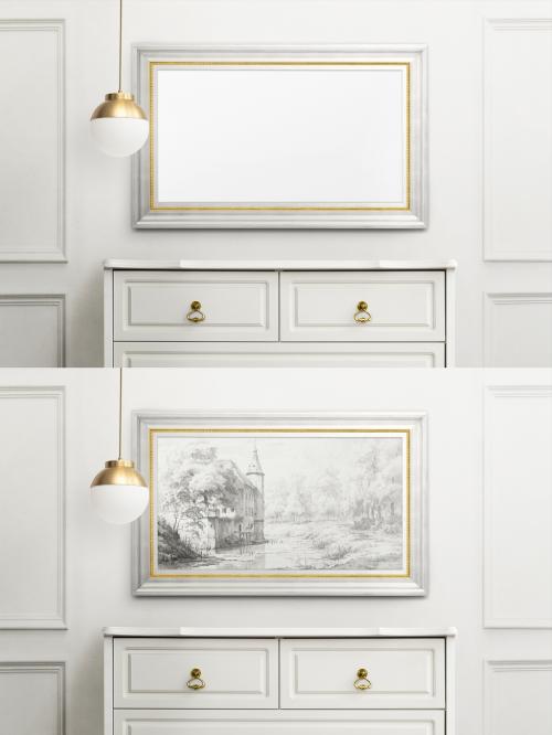 Picture Frame Mockup Hanging in Luxury Living Room - 451684806