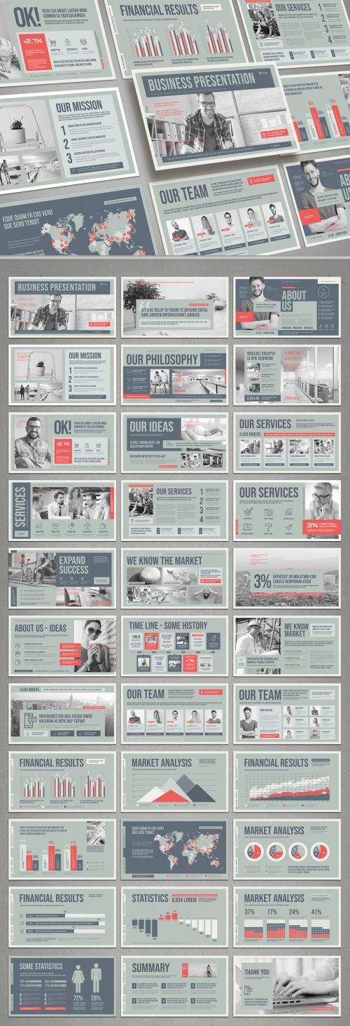 Business Presentation Layout in Pale Mint with Red Accents - 451707279