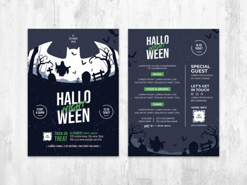 Halloween Flyer with Graveyard Scene in Bat Shaped Sillhouette - 452579426