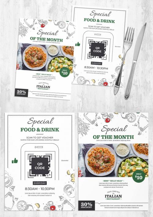 Italian Restaurant Menu Flyer with QR Code Placeholder - 452579434