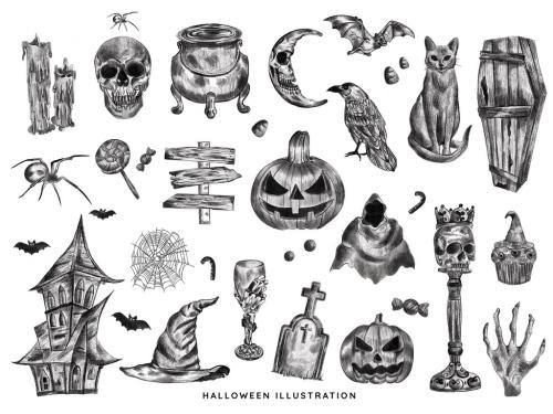 Hand Sketched Halloween Illustration Clipart with Skull Pumpkin Haunted House Bar - 452579456