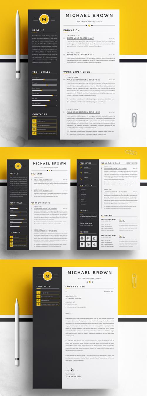 Yellow and Black Resume Layout with Photo - 452614388