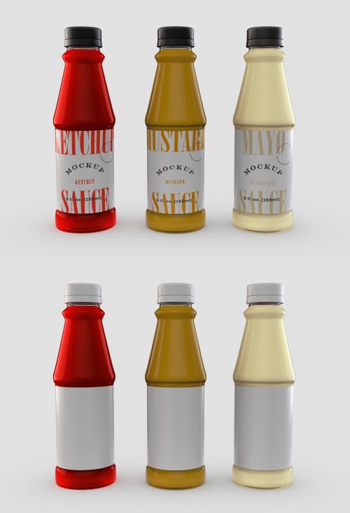 Three Glossy Sauce Bottle Mockup - 452991625