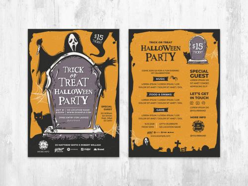 Halloween Flyer in Orange Black with Tombstone Grim Reaper Illustrations - 454411953