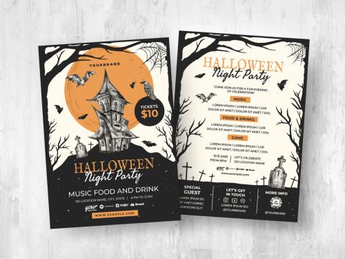 Halloween Flyer with Haunted House Illustration - 454411967