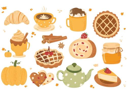 Autumn Fall Food Clipart Illustrations with Pumpkin Spiced Latte & Pumpkin Pie - 454411988