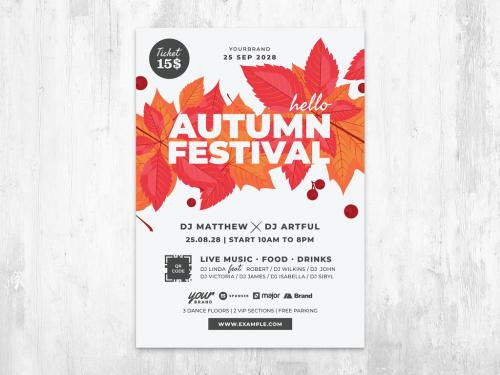 Autumn Fall Flyer with Red Leaves & White Background - 454412013