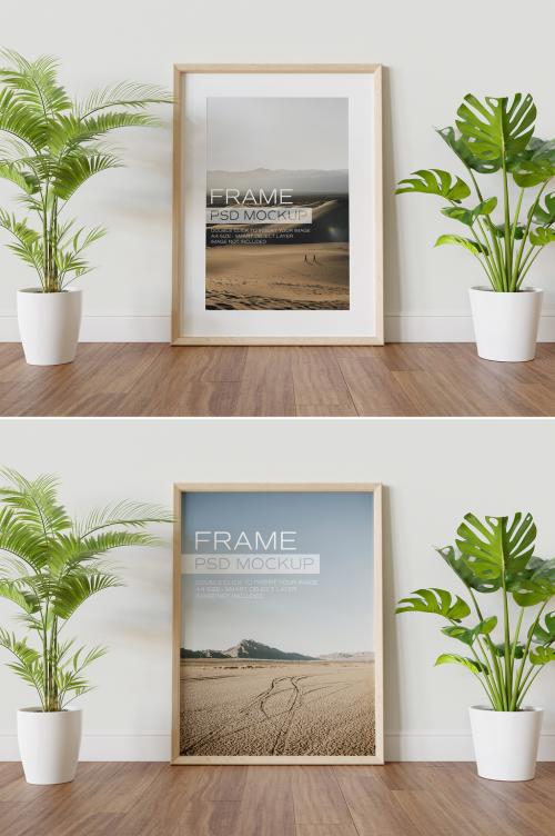 Wooden Frame Mockup Leaning on Wall - 454627609