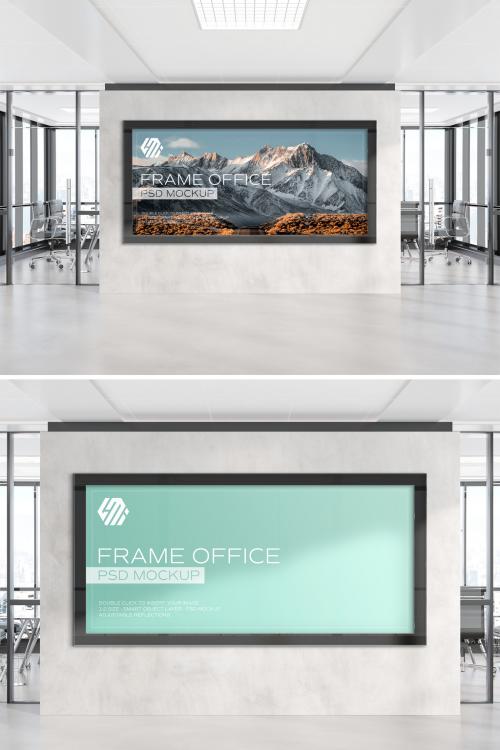 Panoramic Frame Hanging on Office Wall Mockup - 454627614