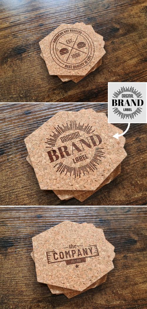 Coaster Printed Logo Mockup on Wooden Surface - 454627621