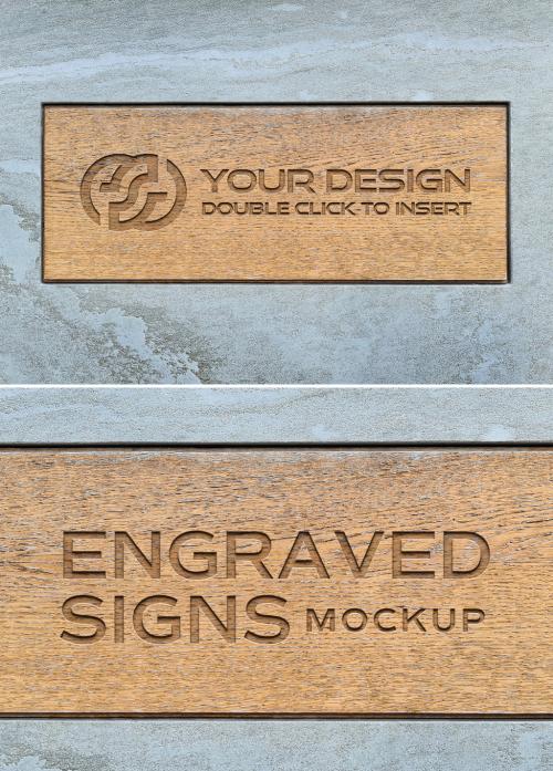 Sign Logo Mockup Engraved on Wooden Plate - 454627629