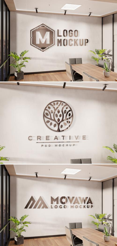 Logo Mockup on Office Wall with 3D Glossy Metal Effect - 454627634