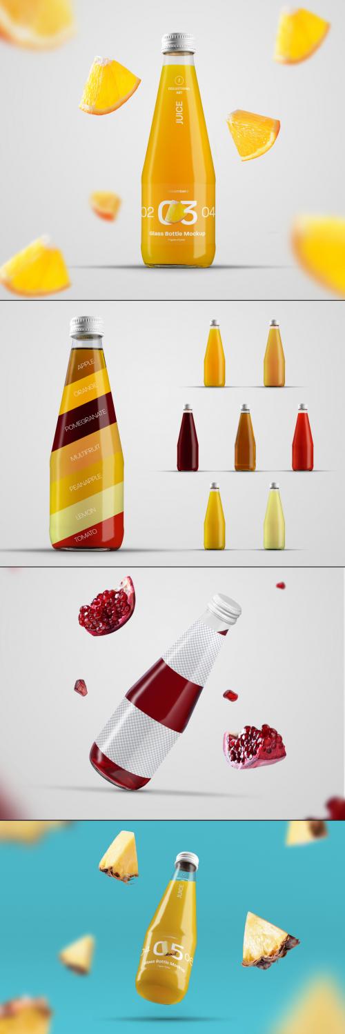 Three Glass Juice Bottle Mockups with Flying Fruits - 454757536