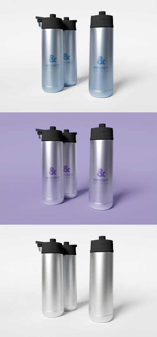 Three Metal Sport Bottle Mockup - 456090749