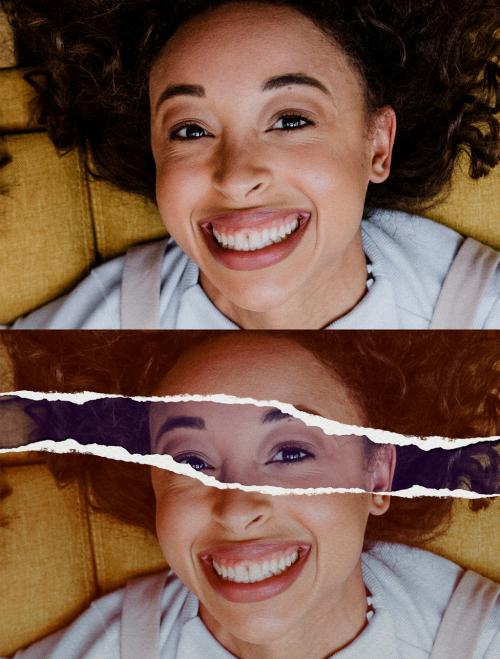 Woman Smiling with Torn Paper Texture Effect - 456812593