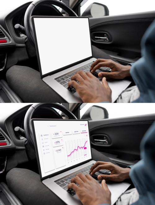 Mockup of Businessman Using Notebook Computer in a Car - 456812662