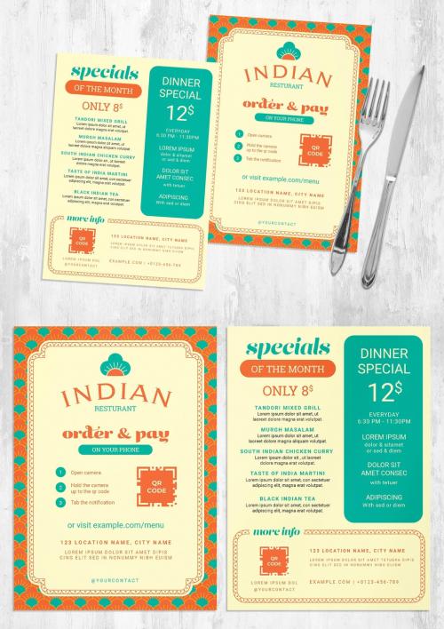 Indian Restaurant Food Menu Flyers with Vibrant Colors - 458344019