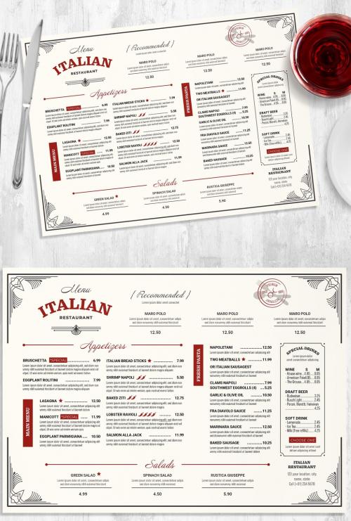 Menu Layout Landscape Table Mat Food Menu with Ornate Filigree - 458344022