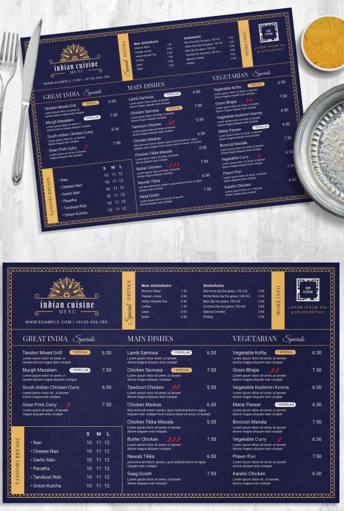 Indian Restaurant Food Menu with Landscape Table Mat Menu Layout - 458344040