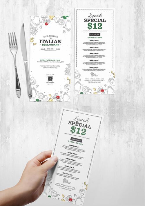 Thin Dl Menu Flyer Card with Italian Food Illustrations - 458344095