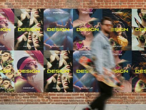 Outdoor Wall Glued Posters Mockup - 458350569