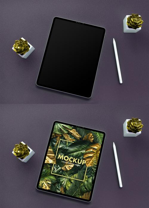 Tablet Mockup on a Green Shadowed Desk with Trendy Succulents Green Flowers - 460397794