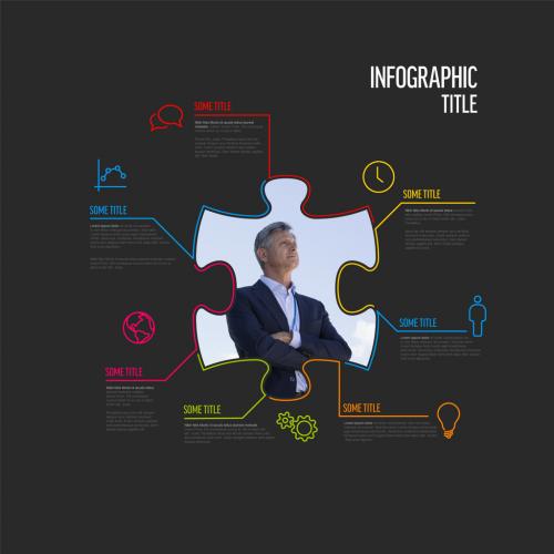 Vector Dark Puzzle Infographic Layout with Photo Placeholder - 461120472