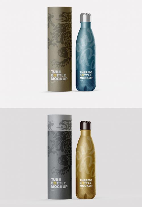 Metallic Thermo Bottle with Kraft Tube Mockup - 461120761