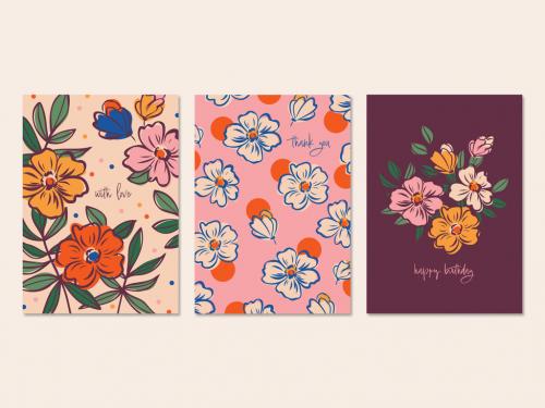 Greeting Card Layouts with Hand Drawn Flowers Illustration - 461120886