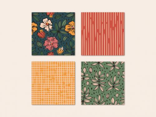 Patterns Set with Hand Drawn Flowers Leaves and Stripes Elements - 461120981