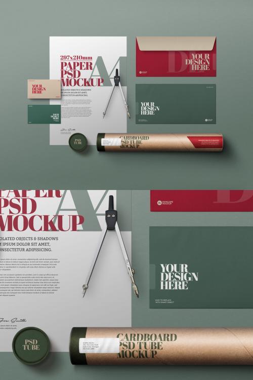 Stationery Mockup with A4 Dl Envelope and Cardboard Tube - 461121945