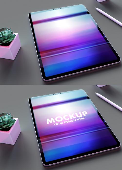 My Pad Pro Tablet Mockup on a Clean Old Green Desk and Trendy Succulents Flowers - 461123312