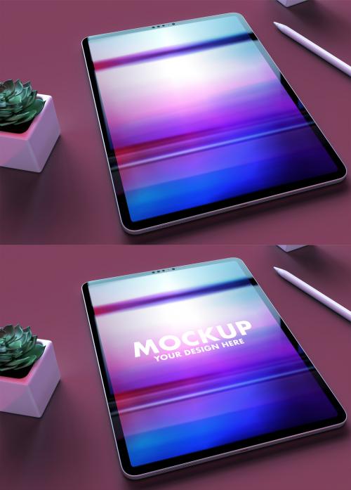 My Pad Pro Tablet Mockup on a Clean Old Rose Desk and Trendy Succulents Flowers - 461123474