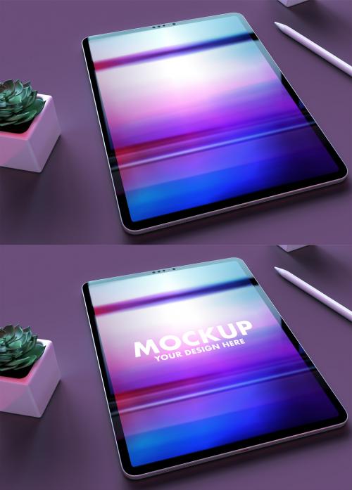 My Pad Pro Tablet Mockup on a Clean Old Purple Desk and Trendy Succulents Flowers - 461126614