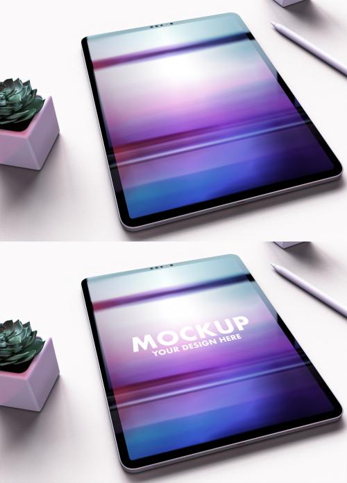 My Pad Pro Tablet Mockup on a Clean White Desk and Trendy Succulents Flowers - 461127268