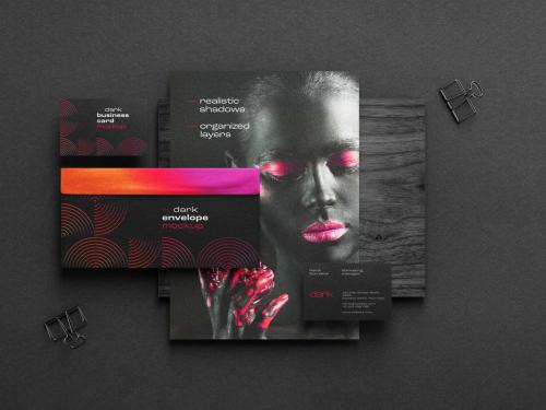 Dark Stationery Branding Mockup with Flyer Envelope and Business Card - 461128024