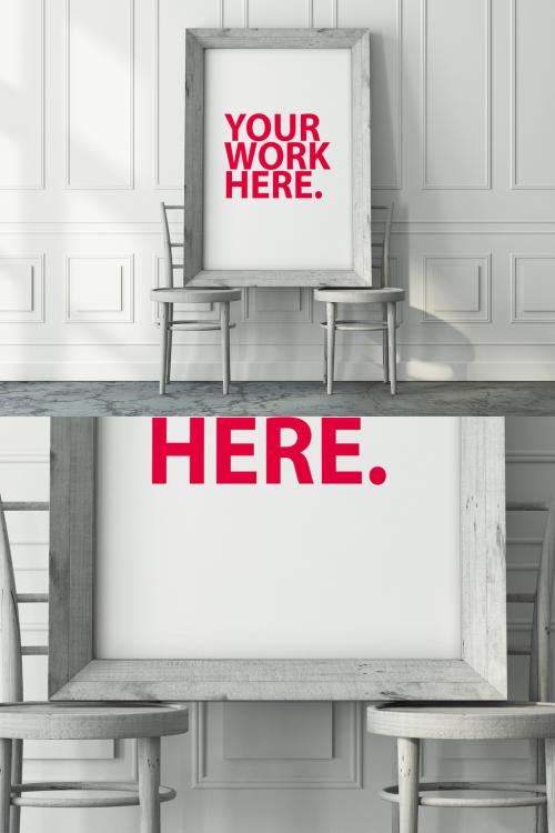 Vertical White Frame Mockup Standing on the Two Wooden Chairs in White Room - 461341796