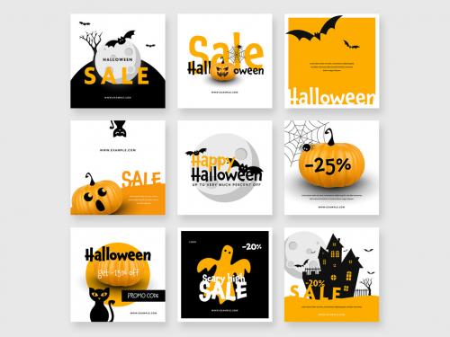 Set of Halloween Social Media Posts with Vector Illustrations - 461348178