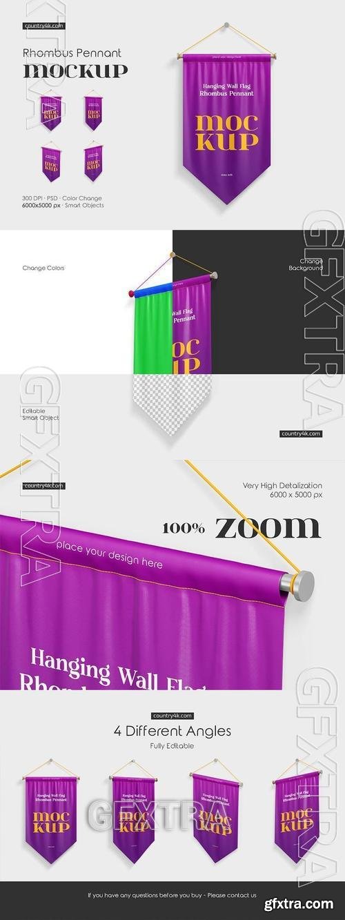 Hanging Wall Flag Rhombus Pennant Mockup Set 7GF33DC