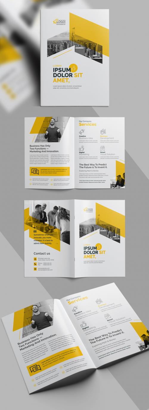 Corporate Bi Fold Brochure Template with Yellow Premium Vector Accents - 461722579