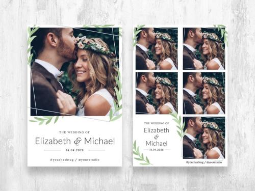 Modern Wedding Photo Booth Layout with Green Watercolor Leaves - 463165183