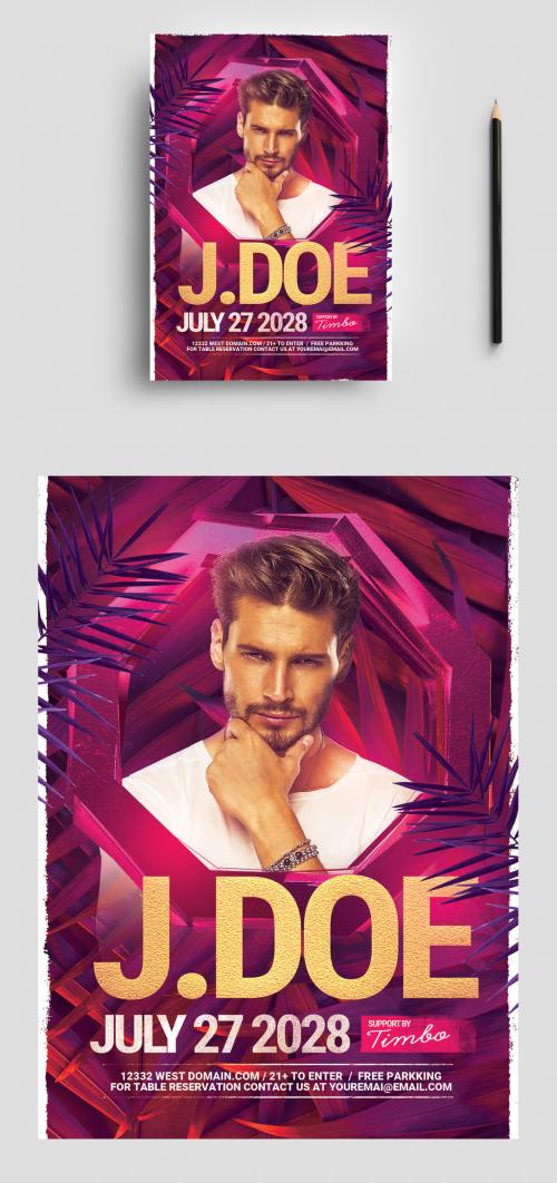 Nightclub DJ Club Flyer Layout with Pink Tropical Vibe - 463694505