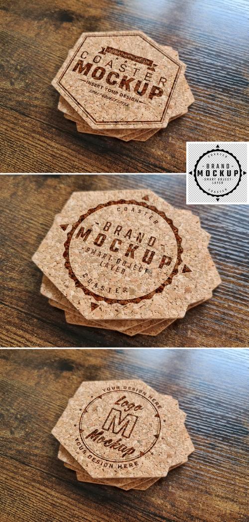 Coaster Stack Logo Mockup on Wooden Surface - 463694934