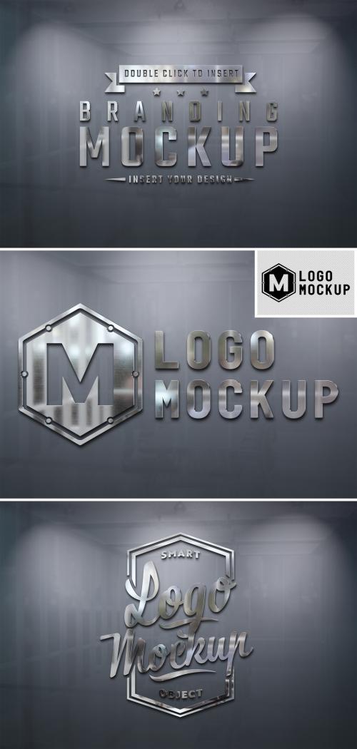 Logo Mockup on Office Wall with 3D Metal Brushed Effect - 463694937