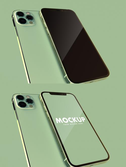 Smartphone Front and Back View in a Green Background - 463916943