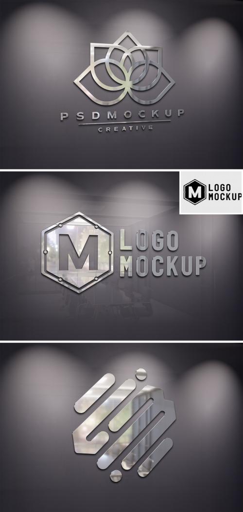 Logo Mockup on Office Wall with 3D Glossy Metal Effect - 464129660