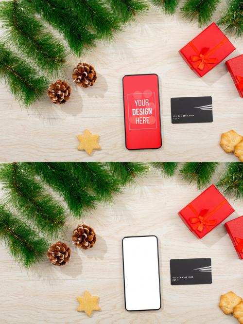 Christmas Phone with Decorations Mockup - 464335776