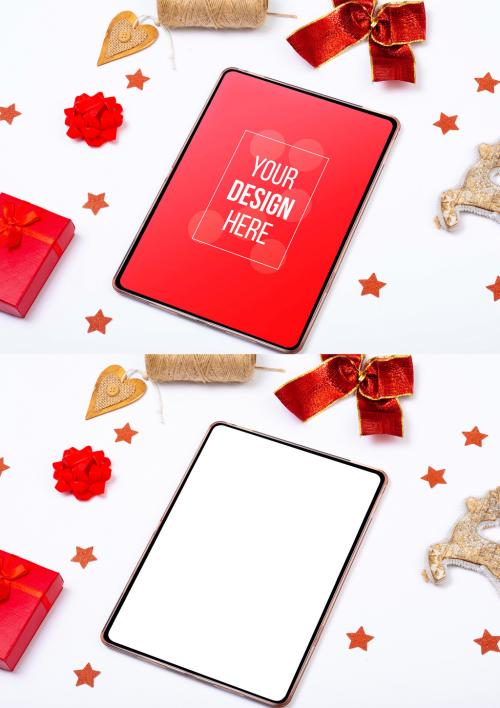 Tablet with Christmas Decorations Mockup - 464335903