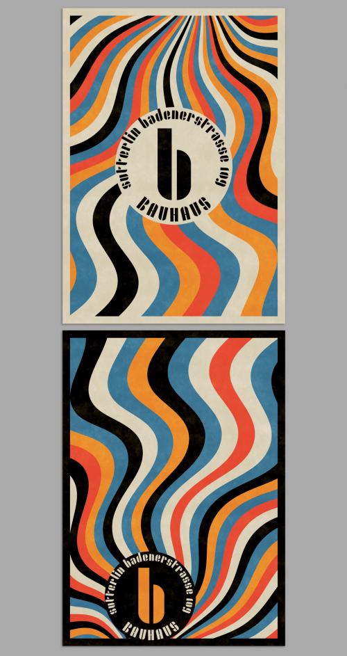 Cover Design Layout in Bauhaus Style with Abstract Wavy Lines Pattern - 466800493