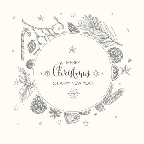 Vector Vintage Hand Drawn Christmas Card with Various Seasonal Items - 467009784